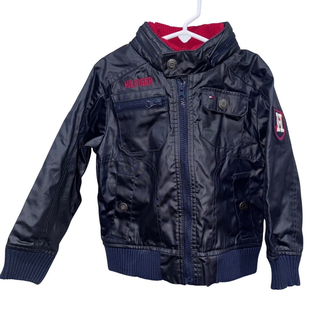 Tommy Hilfiger Bomber‎ Jacket Boys 4 Navy Blue Excellent Plaid Lined Hooded